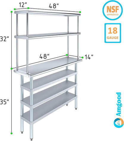 Amgood 14" x 48" Stainless Steel Work Table with 3 Shelves and 12" Wide Double Tier Overshelf | Metal Kitchen Prep Table & Shelving Combo | NSF