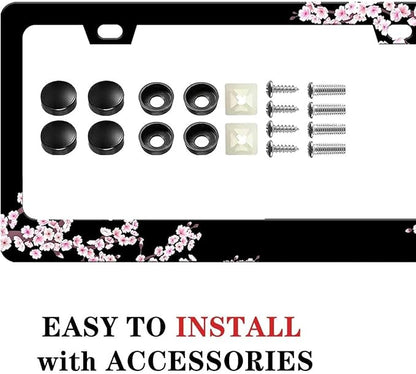 Cherry Blossom License Plate Frame-2 PCS Cherry Floral Flowers License Plate Holder Cover Car Universal Accessories Aluminum Car Tag Frames Fits Standard US Vehicles Size
