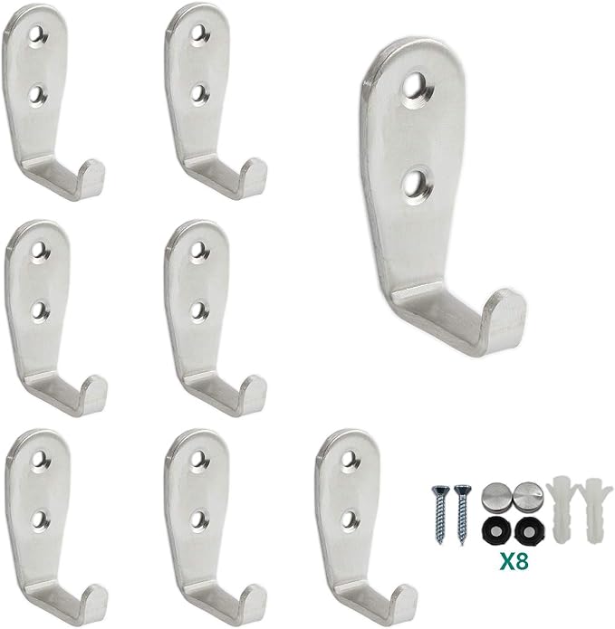 Stainless Steel Coat Hooks - Heavy Duty Metal Hangers for Hanging Towels, Keys, Hats - Kitchen & Bathroom Wall Mounted Hooks - Indoor & Outdoor - 8 Pack with Screws