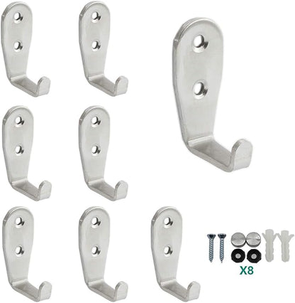 Stainless Steel Coat Hooks - Heavy Duty Metal Hangers for Hanging Towels, Keys, Hats - Kitchen & Bathroom Wall Mounted Hooks - Indoor & Outdoor - 8 Pack with Screws
