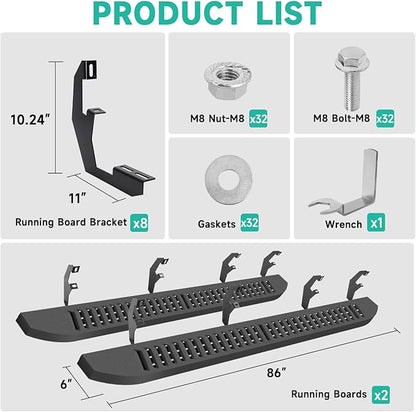6'' Running Boards – Heavy-Duty Black Carbon Steel with Powder Coating – Compatible with 2019-2024 Silverado Crew Cab (Diagonal Slots)