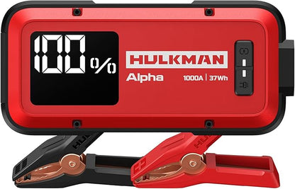 Hulkman Alpha, Ultra Red, 1000A 37Wh Battery Jumper Starter Portable, 12V Modern Car Jump Box with Jumper Cables, for 6.5L Gas/3.0L Diesel Engines, 65W Fast Charging, IP65 Rated, Large LED Display