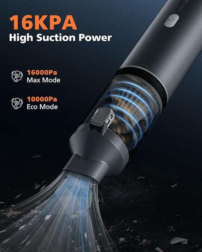 Car Vacuum Portable with 16000Pa Powerful Suction, Handheld Vacuum Cordless Rechargeable Blow & Suction 4 in 1, Small Vacuum Cleaner for Car, Home, Office, Outdoor (Grey)