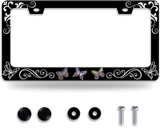 Butterfly License Plate Frame Butterflies Floral License Plate Frames for Car Decorative Parts Stainless Stee License Plate for Standard Us Canada Funny License Plate Holder 12x6 Inch