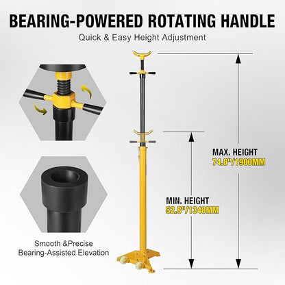YELLOW JACKET 3/4 Ton Underhoist Support Stand with Two Wheels, Lifting from 43.3" to 70.9", Bearing Mounted Spin Handle, Contoured Saddle, Supports Vehicle Components, Self-Locking Screw