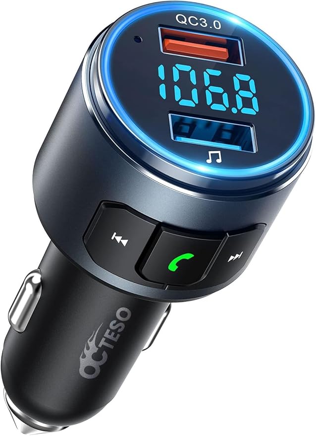 Upgraded V5.3 FM Bluetooth Transmitter, Bluetooth Car Adapter QC3.0 & LED Backlit Wireless FM Radio Adapter Music Player/Car Kit, Siri Google Assistant