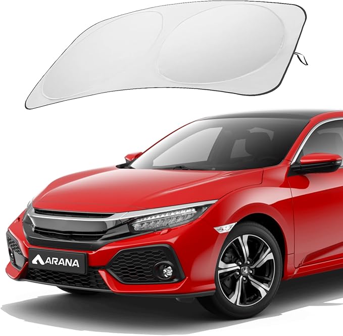 ARANA Car Windshield Sun Shade with UV Reflective, 240T Polyster Front Window Sunshade Keeps Car Interior Cool, Foldable & Retractable Sun Visor Universal Fit for Small Sedan, Mini SUV, Small 59"x29"