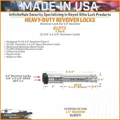61572 | 2 Pack, Keyed Alike, Receiver Locks for 2" and 2.5" Receiver Class III, IV, V and Gen-Y Hitch Mega Duty 10K LB & 16K LB