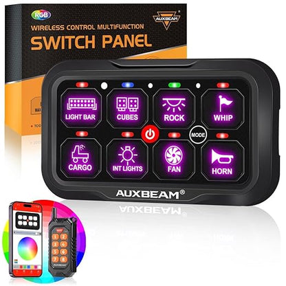 Auxbeam 8 Gang Switch Panel Bluetooth RGB AC-800 with APP&Remote Control Toggle Momentary Pulsed Switch Pod Off Backlight for Truck Offroad UTV ATV Car Marine 12-24V Waterproof 2 Years Warranty