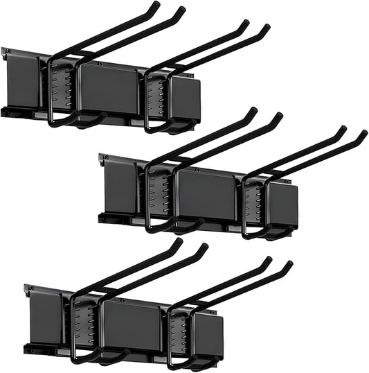 Heavy Duty Garage Organizer Tool Organizer Wall Mount, Iron Metal Hooks Set 6 Pcs, Black Adjustable Dual Hooks, Ideal for Saving Space, Supports 16 in Stud Spacing