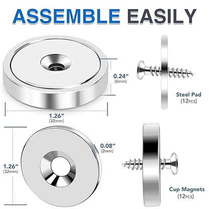 MIKEDE Strong Magnets with Hole, 100lb Heavy Duty Neodymium Magnet with Stainless Screws for Wall Mounting, Rare Earth Magnet Round Base Cup Magnets for Tool Room,Workplace, 1.26"D x 0.24"H, 12 Pack