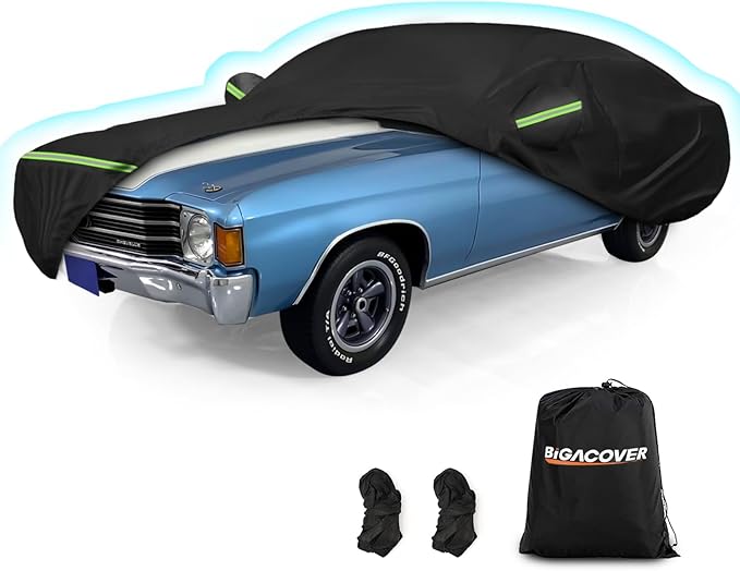 Waterproof Car Covers for Chevrolet Chevelle Malibu SS Sedan/Coupe 1964-1972, 420D Oxford Cloth Sun Heat Protection Outdoor Full Covers with Driver Side Zipper Windproof Heavy Duty All Weather