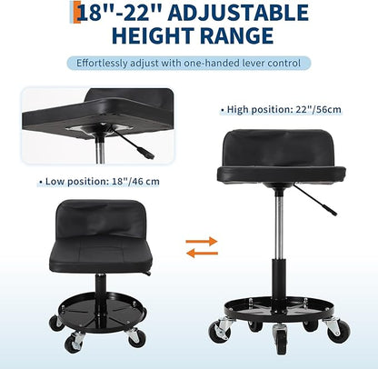 Garage Stool, 16”-21” Adjustable Rolling Mechanic Stool with Universal Wheels, Removable Magnetic Tool Tray, 300LBS Capacity, Roller Creeper Seat, Shop Chair