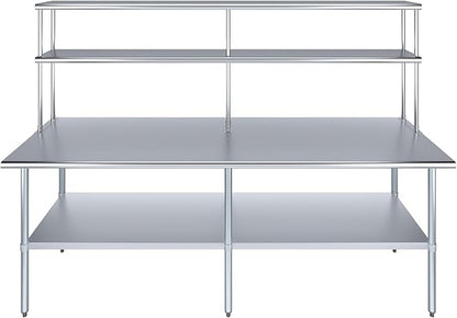 Amgood Stainless Steel Work Table Double Tier Overshelf | Metal Kitchen Prep Table & Shelving Combo (30" x 96" Work Table + 12" Overshelf)