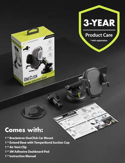 Bracketron Easy OneClick Cell Phone Holders for Your Car, Universal Car Mount Suction Cup for Dashboard Windshield Air Vent Truck Stand, for iPhone Samsung Google, All Smartphones & Car Models, Black