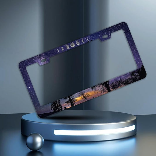 Starry Sky Moon License Plate Frames - 2 Pcs Set 2 Holes Stainless Steel Metal Novelty Auto Car Accessories Decoration License Plate Frame Cover Size 6.3" x 12.2" Fit US Vehicles for Women Men Gift