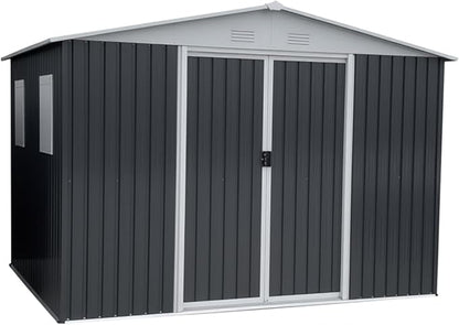 12x10 FT Outdoor Storage Shed with 4 Windows, Durable Metal Garden Sheds w/Updated Frame and Lockable Sliding Doors, Waterproof All-Weather Shelter Tool House for Backyard, Patio, Lawn, Grey