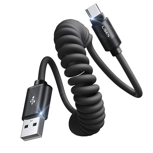 LISEN Coiled USB C Cable, 2 Pack for Android Auto & CarPlay Cable, 4FT Short USB A to USB C Cable Compatible with iPhone 16/15, Samsung Galaxy S25/S24/S23 A15/A14, Google Pixel 9/8, Moto, TCL-Black