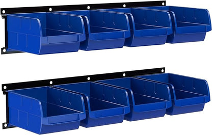 UNITEDPOWER wall mounted garage storage bin, Parts Rack, Plastic Hanging Stackable Storage Bin, Hardware Tool Organizer for workshop, Craft Room, school and Shop, 8 Bins&2 Rails (Blue), Large