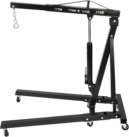 2 Ton(4409lbs) Folding Engine Hoist Heavy Duty Carbon Steel Hydraulic Shop Engine Crane Cherry Picker Shop Crane Hoist Lift with 6 Iron Caster Wheels for Car Fixing Workshop Garage (Black)
