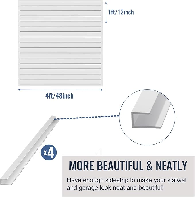 Slatwall Panel Garage Organizer PVC Slatwall Heavy Duty Wall Mounted Rack, Interlocking Slat Wall Panels for Tool Organization Peg Board(White 4 x 4 ft)