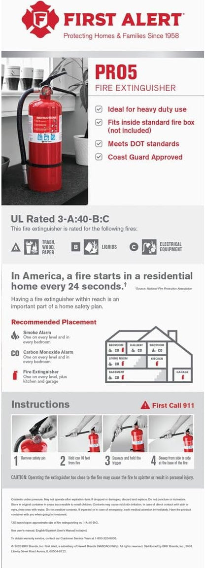 FIRST ALERT PRO5 Rechargeable Heavy Duty Fire Extinguisher, UL RATED 3-A:40-B:C, Red, 1-Pack