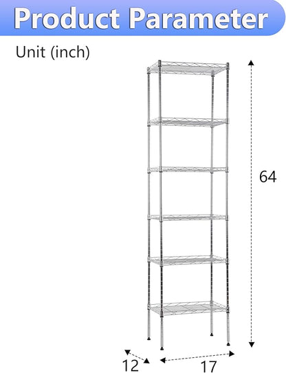 BestOffice Metal Garage Shelving 6 Tiers Garage Storage Shelves Heavy Duty 17”D x 12”W x 64”H Easy Assemble Wire Shelving NSF Certified Storage Shelves with Levling Feet for Home Garage Office, Chrome