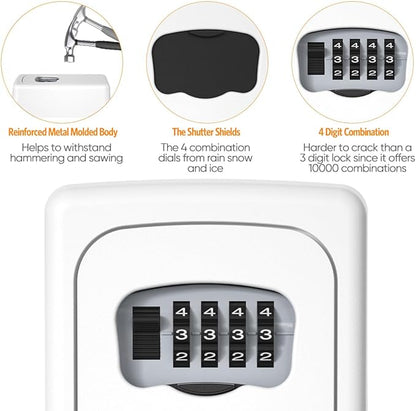 Key Lock Box Wall Mounted, Fayleeko 4 Digit Combination Lockbox for Outside, House Keys - 5 Keys Capacity, Key Safe Security Storage Lock Box for Indoor, Outdoor, Garage, Garden, Store (White, 1Pack)