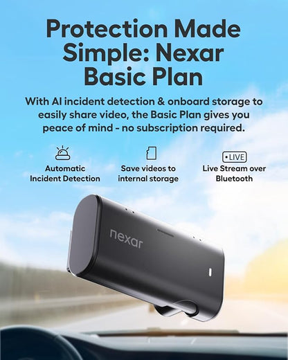 Nexar Beam2 Mini Dash Cam Car Camera 64GB Storage 24H Parking Mode Wide Angle FHD Lens Wireless Dash Camera for Cars Includes $25 OBD Hardwire Kit for Continuous Power