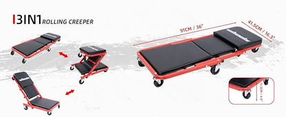 Mechanic Creeper 36 inches 3-in-1 Mode Z Seat 340lbs Capacity, Foldable Garage Adjustable Rolling Folding with 6pcs Wheels Roller, Lay Down Sit Lean Back, Under Car Auto Repair, Red Black