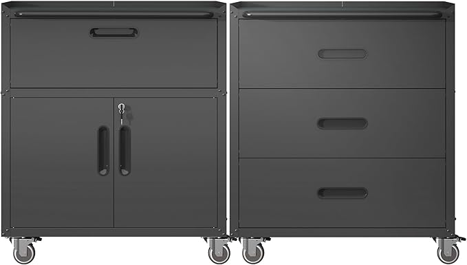 Metal Tool Cabinet,Garage Storage Cabinet System,Wall Cabinet & Locking Rolling Tool Cabinet with Doors and Adjustable Shelves,Steel Tool Cabinets for Home,Office (2 Pcs-StyleE, Black)