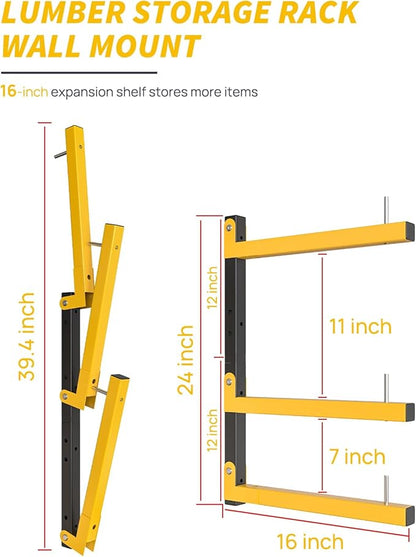 Lumber Rack Wall Mount Storage Racks Folding Wood Organizer Heavy Duty Shelf Brackets With 3-Level 360 Lbs Capacity Yellow Metal Utility Racks Garage Wall Shelving for Indoor and Outdoor Use (2 Pack)