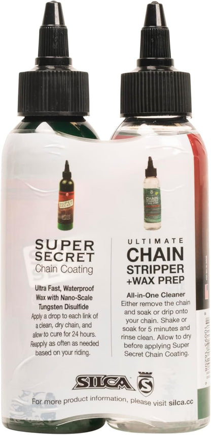 SILCA Professional Grade Bike Chain Cleaner and Liquid Wax - 2 Pack Starter Bundle with Silca PRO Chain Stripper & Super Seret Chain Wax, Concentrate, 4oz Bottles with Applicator Tip