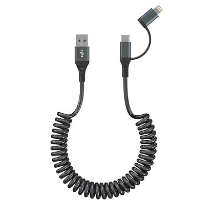 USB to USB C and Lightning Cable Support Apple Carplay & Android Auto - 3A Fast Charge & 480Mbps Data Sync Coiled Lightning Cable USB C iPhone Charger Cord for iPhone 16 15 14 13 12 11 Android