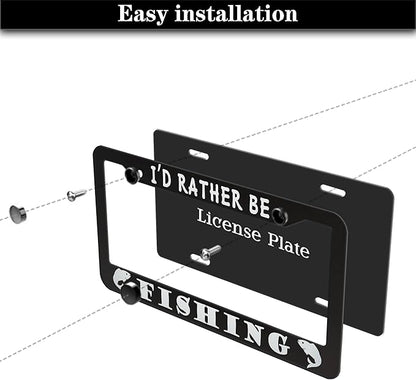 Automotive Exterior Accessories Black and White License Plate Frames I'd Rather Be Fishing Universal Aluminum Car Accessory 2 Pack with Screw Covers Set