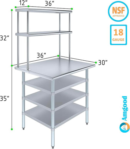 Amgood 30" x 36" Stainless Steel Work Table with 3 Shelves and 12" Wide Double Tier Overshelf | Metal Kitchen Prep Table & Shelving Combo | NSF