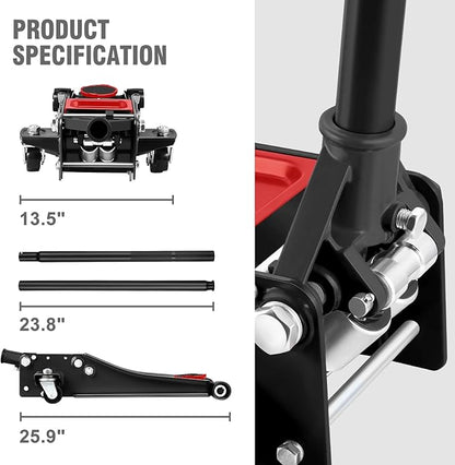 DNA MOTORING Floor Jack 3 Ton (6000 lbs) Capacity, Fast Lift Service Jack Low Profile Steel Heavy Duty Hydraulic Car Jack, Lifting Range 3"-20", Black, TOOLS-00475-BK