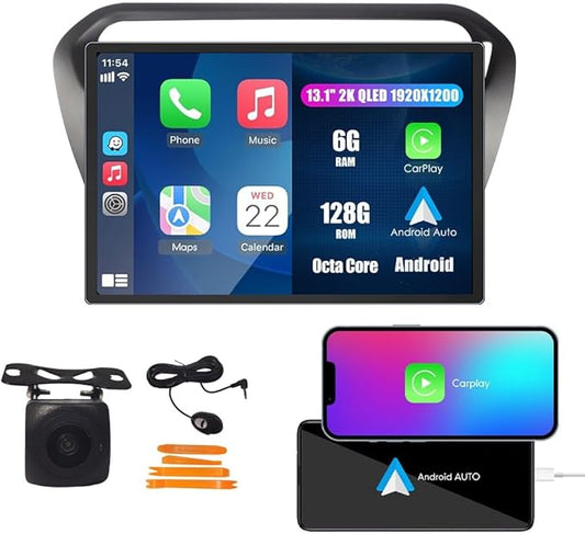 Kunfine Car CarPlay Android Auto Navigation Stereo GPS Radio Camera Display 13.1" QLED Touchscreen Headunit Tablet Media Player for Peugeot 301 2013-2022, if Applicable Octa Core 6G+128G Matte Black