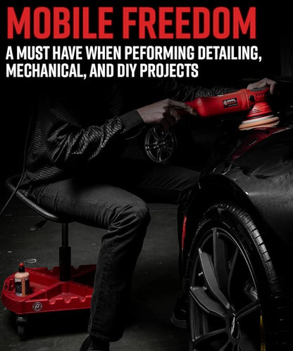 Adam's Polishes Pro Rolling Stool, Car Detailing Stool Chair, Shop Stool with Wheels, Garage Organizer, Tool Organizer Tray, Adjustable Height for Car Cleaning Buffer Polisher Ceramic Coating Car Wax
