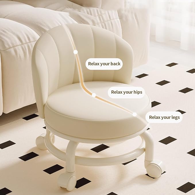 Low Rolling Stool with Backrest,Rolling Pedicure Seat,Low Stool with Wheels for Home, Office, Garage, Shop, Library (White)