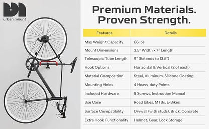 UrbanMount Wall Mount Bike Rack Garage - Mountain Bike Wall Mount Horizontal Vertical Design with 66lbs Cap, Screws, Installation Manual - Secure Road Cycling Holder Storage, Bicycle Hanger for Home