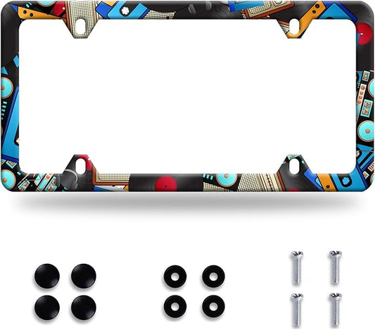 Music License Plate Frame Retro Music Cassettes License Plate Stainless Steel Funny License Plate Holder Men Women Colorful Music Car Accessory Decoration 12.3" x 6.3"