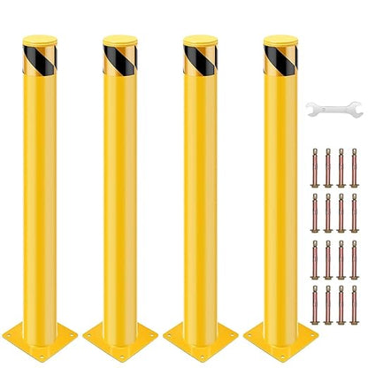 4 Pack Safety Bollard Post, 42 Inch Height 4.5 Inch Diameter Yellow Pipe Safety Steel Bollards with Anchor Bolts and Wrench, Steel Bollards for Road Warning Construction Public Place Traffic Control