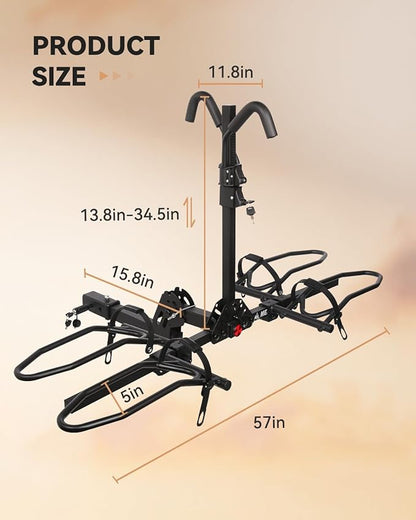 Bike Rack Hitch with Lock, 2 Bike Rack for Car SUV RV Camper Truck Trailer, Hitch Bike Rack for Fat Tire, Mountain Bikes, EBikes and EMTB, 180 lbs Capacity Bike Carrier for 2" Receiver