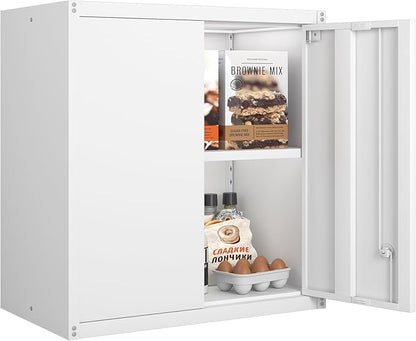 GREATMEET Metal Wall Cabinet, Wall Mounted Cabinet with Doors and Adjustable Shelf, Metal Storage Cabinet with Lock, Wall Cabinet for Garage, Pantry, Utility Room, White