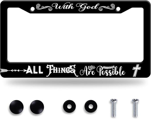with God All Things are Possible License Plate Frame Christian License Plate Stainless Steel Funny License Plate Holder Men Women Personalize Jesus Cross Car Accessory Decoration 12.3" x 6.3"