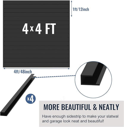 Slatwall Panel Garage Organizer PVC Slatwall Heavy Duty Wall Mounted Rack, Interlocking Slat Wall Panels for Tool Organization Peg Board(Black 4 x 4 ft)