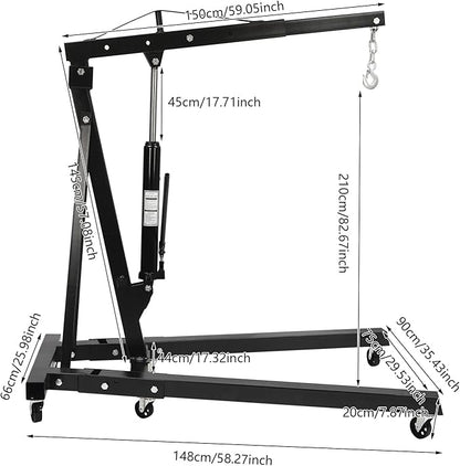 2 Ton Folding Engine Hoist 6.89Ft Lifting Height Heavy Duty Carbon Steel Crane Hoist Lift Hydraulic Powered Folding Engine Hoist Cherry Picker with 6 Wheels for Garage Workshop