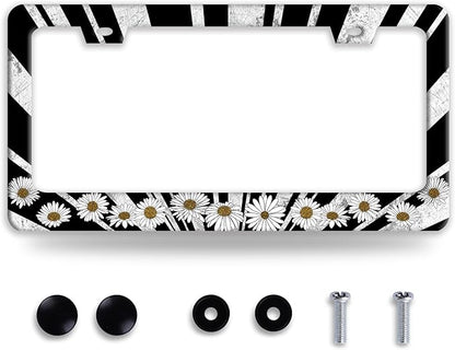 Sun License Plate Frame Black White Daisy Flowers License Plate Frames Funny Auto Accessories Bracket Stainless Steel License Plate with Screw 6x12 Inch