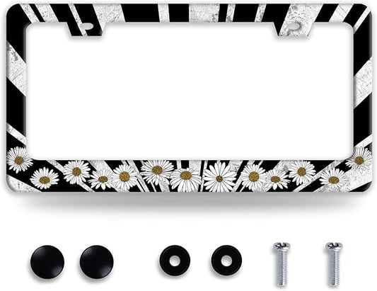 Sun License Plate Frame Black White Daisy Flowers License Plate Frames Funny Auto Accessories Bracket Stainless Steel License Plate with Screw 6x12 Inch